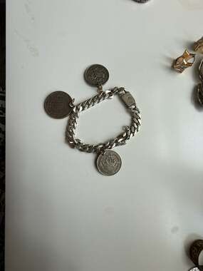 Vintage Mexican Coin Charm Bracelet with Chunky Chain Sterling Silver Stamp